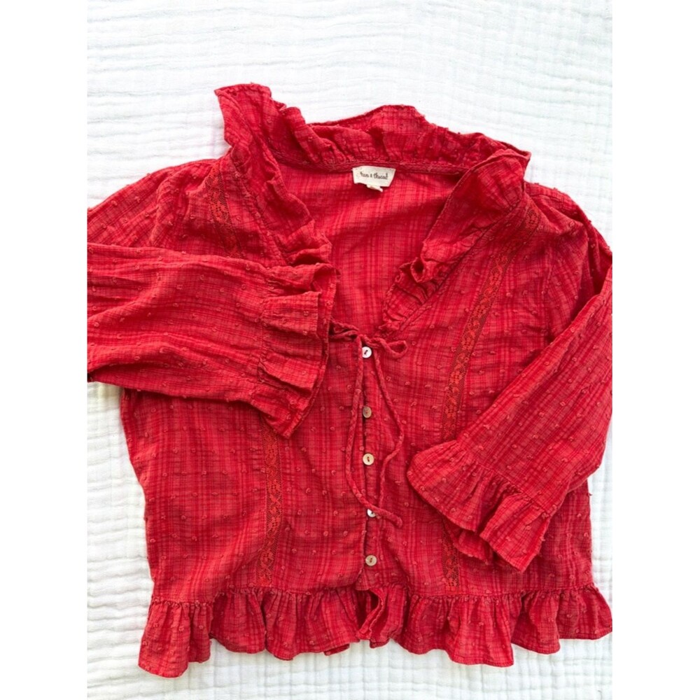 Hem & Thread Red Boho Ruffle Top S Peasant Cottagecore Gauze